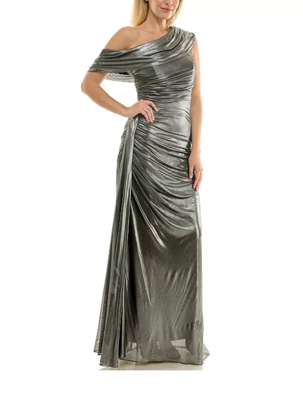 One-Shoulder Metallic Silver Evening Gown
